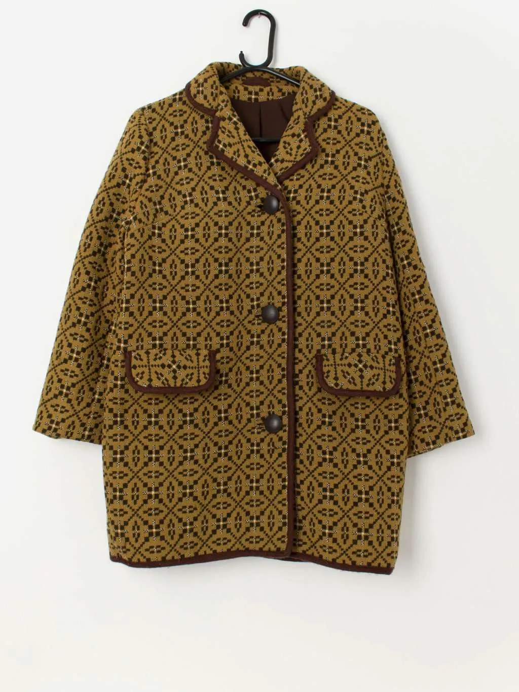 60s vintage mustard and brown Welsh wool jacket with abstract pattern – Medium