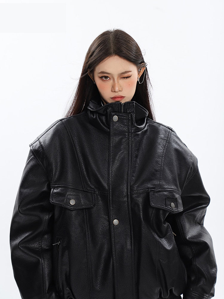 Ashore Shop Spring Autumn Oversized Cool Windproof Thick Black Pu Leather Jacket Women Zip Up Luxury Designer Unisex Clothes 202