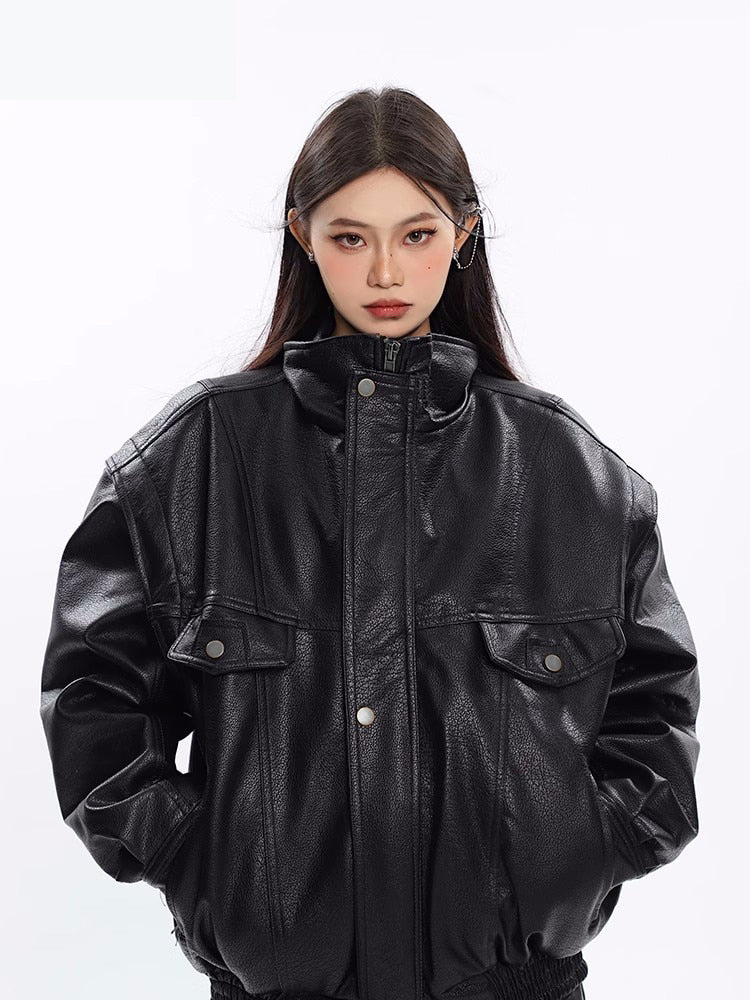 Ashore Shop Spring Autumn Oversized Cool Windproof Thick Black Pu Leather Jacket Women Zip Up Luxury Designer Unisex Clothes 202