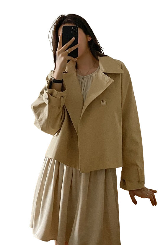 Beige Short Cropped Classic Double Breasted Trench Coats For Womens 100% Cotton Korean Clothing Clothes Outerwear Loose Fitted S