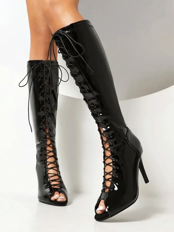 Black High Heel Sandal Boots Peep Toe Lace Up Knee High Boots