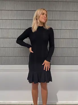 Black viscose rib knit long sleeve fit n flare dress