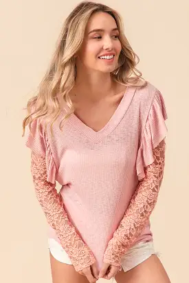 Blush Pink Ruffled Lace Sleeve Rib Knit Top