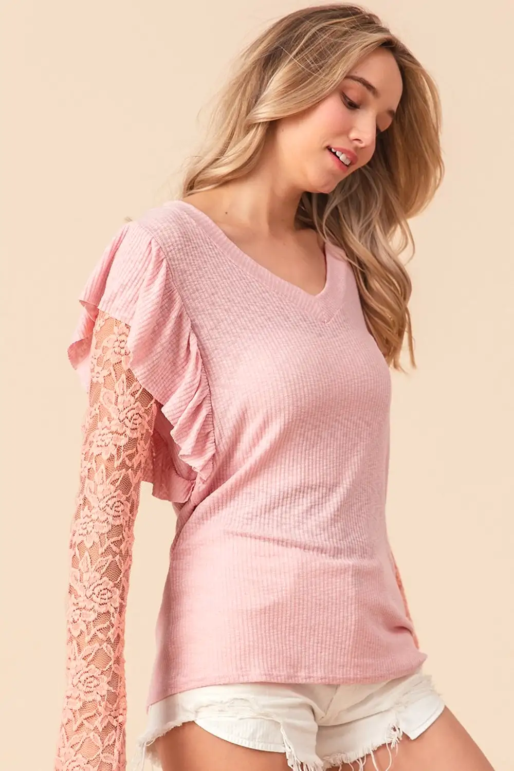 Blush Pink Ruffled Lace Sleeve Rib Knit Top