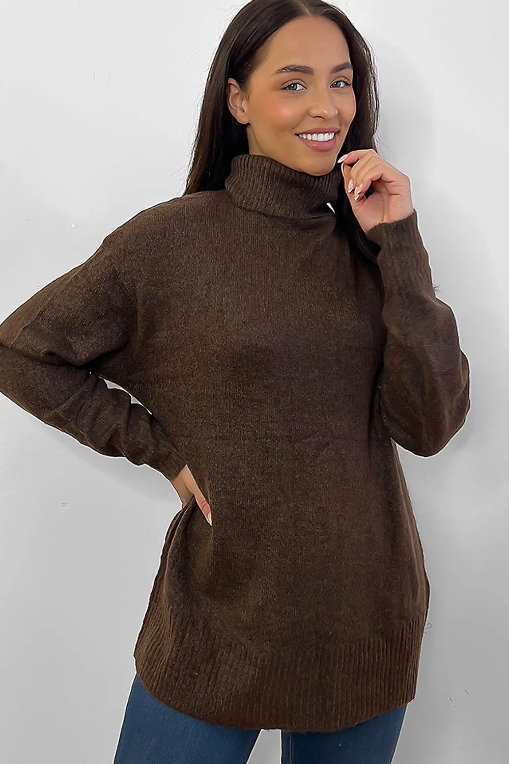 Brown High Turtle Neck Oversized Pullover