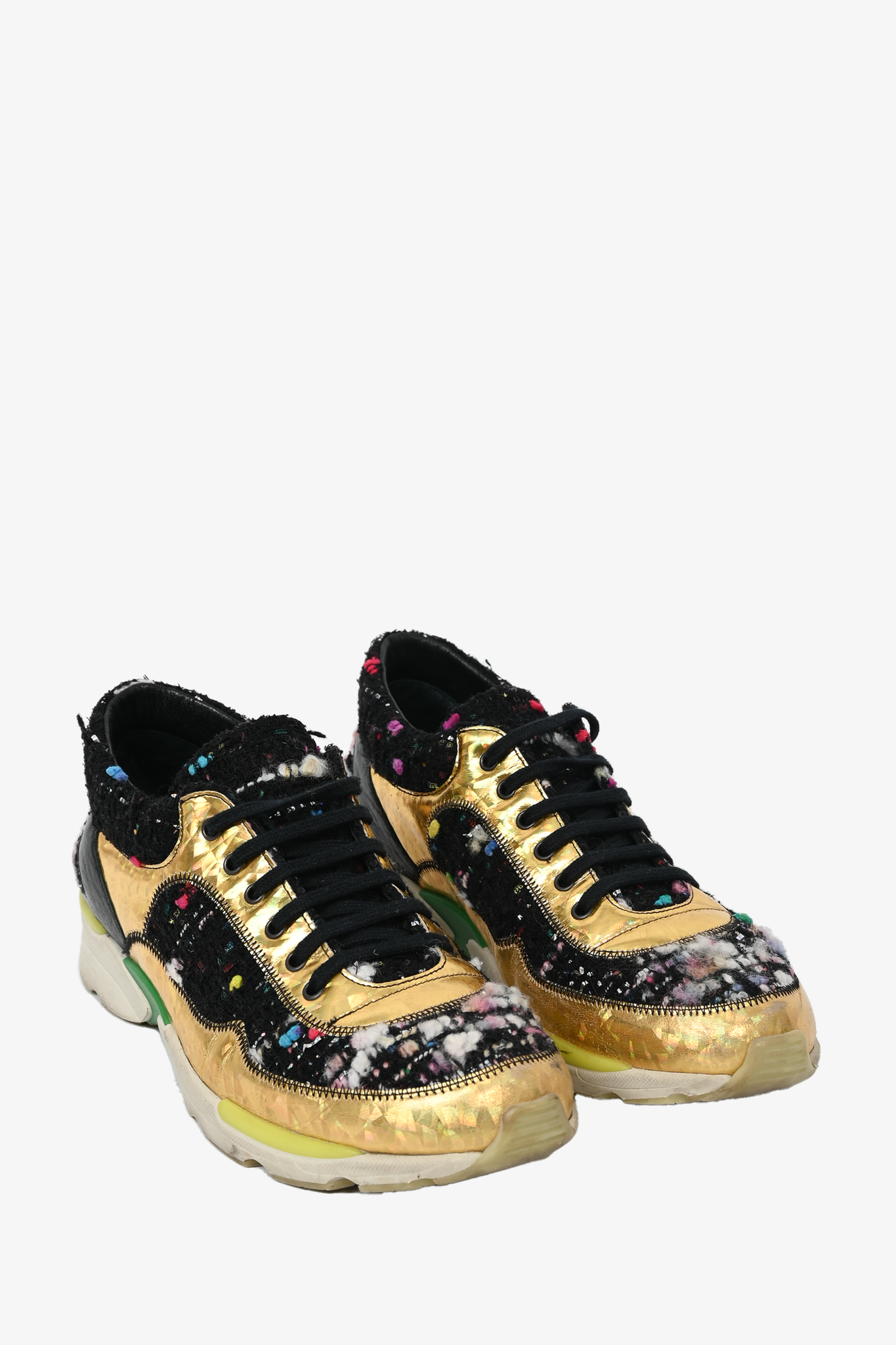 Chanel 2014 Black/Gold Fabric Speckled CC Sneakers Size 37