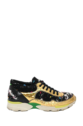 Chanel 2014 Black/Gold Fabric Speckled CC Sneakers Size 37