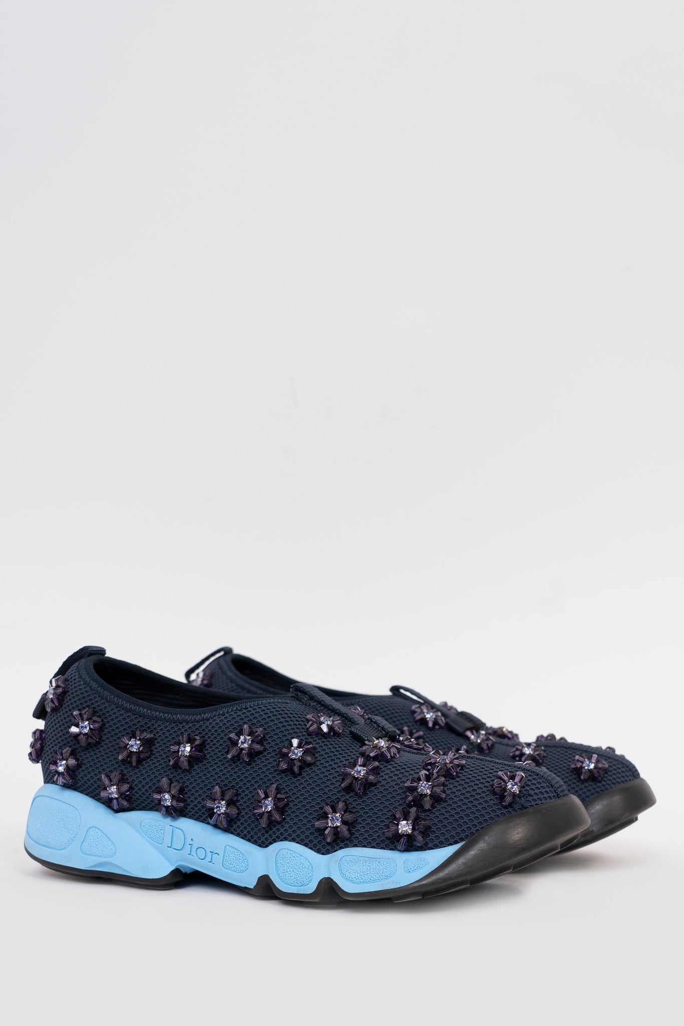 Christian Dior Navy Tech Knit Floral Embellished Sneakers Size 37.5