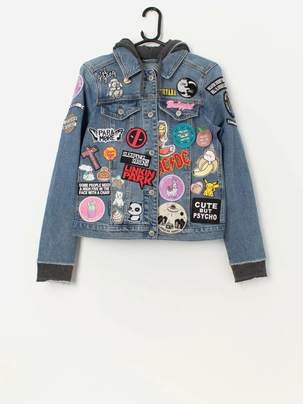 Customised Hollister hooded denim jacket with amazing patches – Small