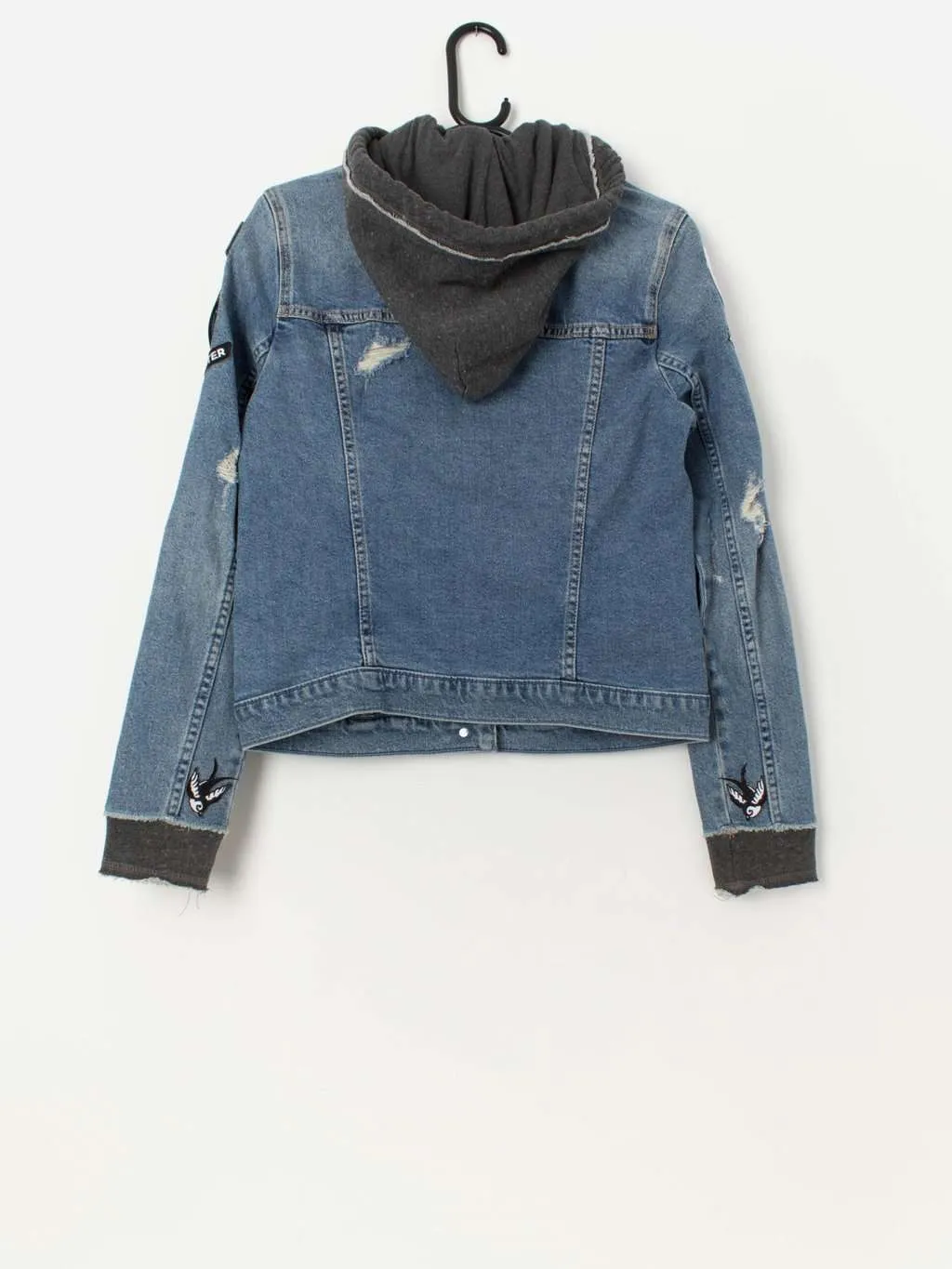 Customised Hollister hooded denim jacket with amazing patches – Small