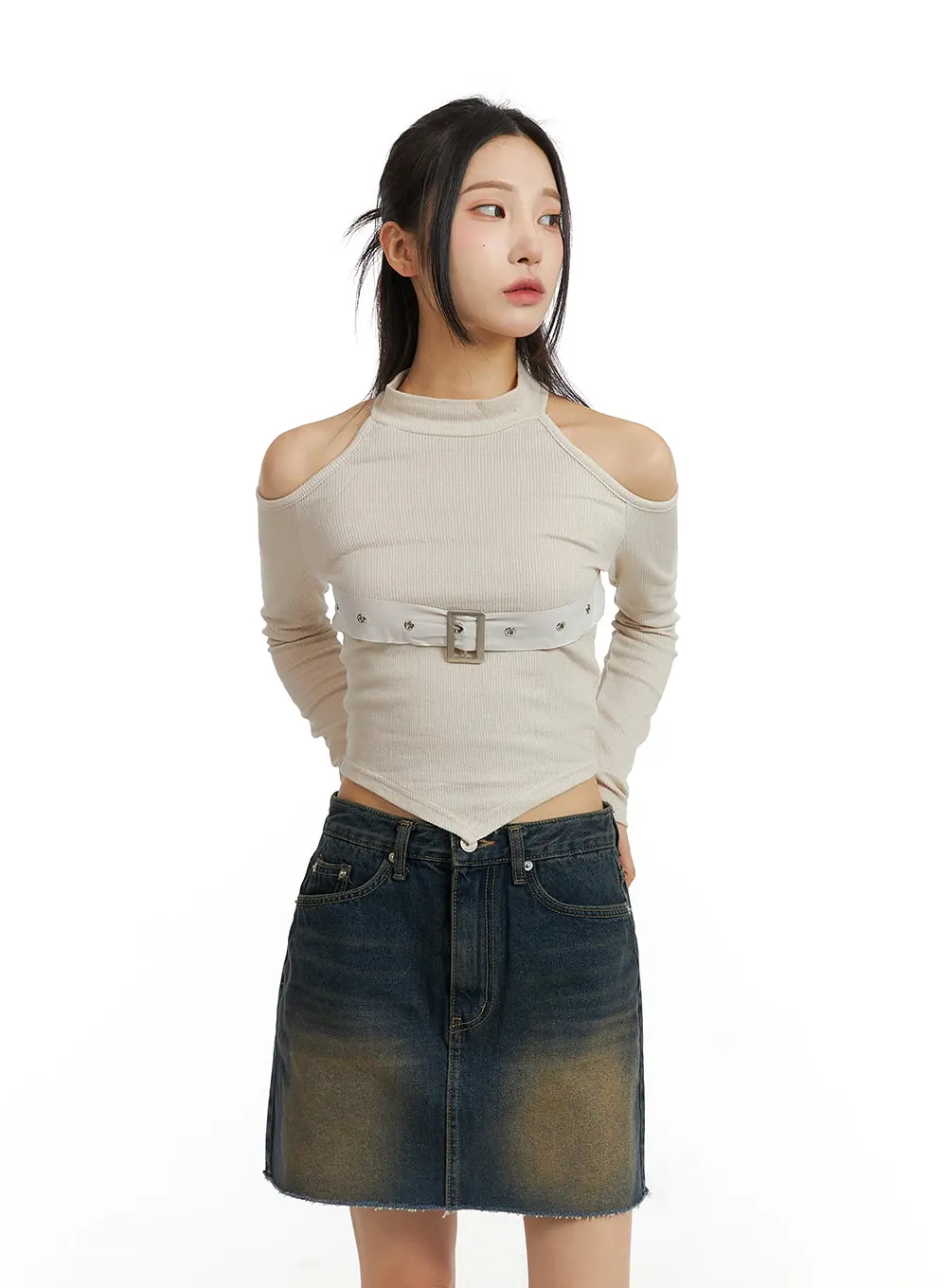 Cut-Out Turtle Neck Belt Crop Top CJ416