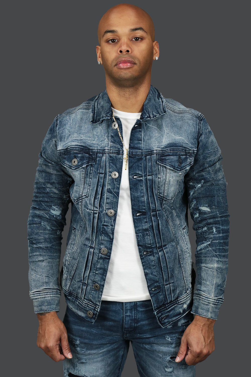 Deep Blue Distressed Denim Jacket | Jordan Craig