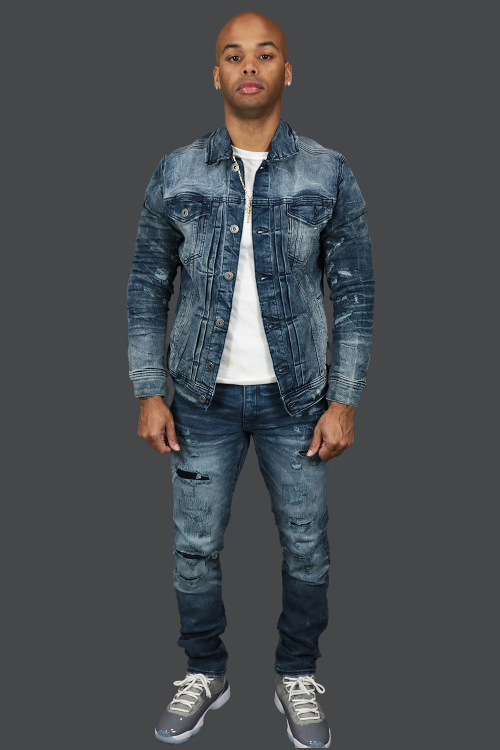 Deep Blue Distressed Denim Jacket | Jordan Craig