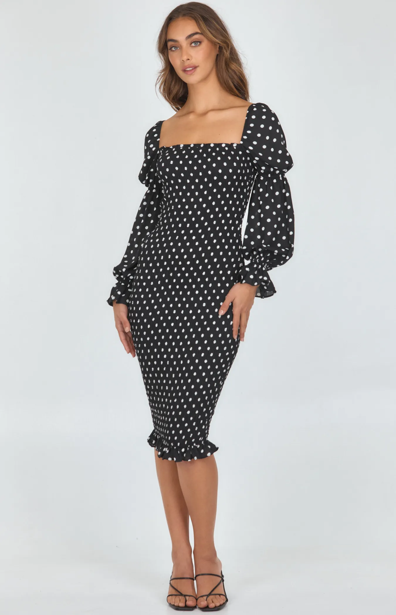 Dot Print Tiered Sleeve Shirred Midi Dress (SDR1068A)