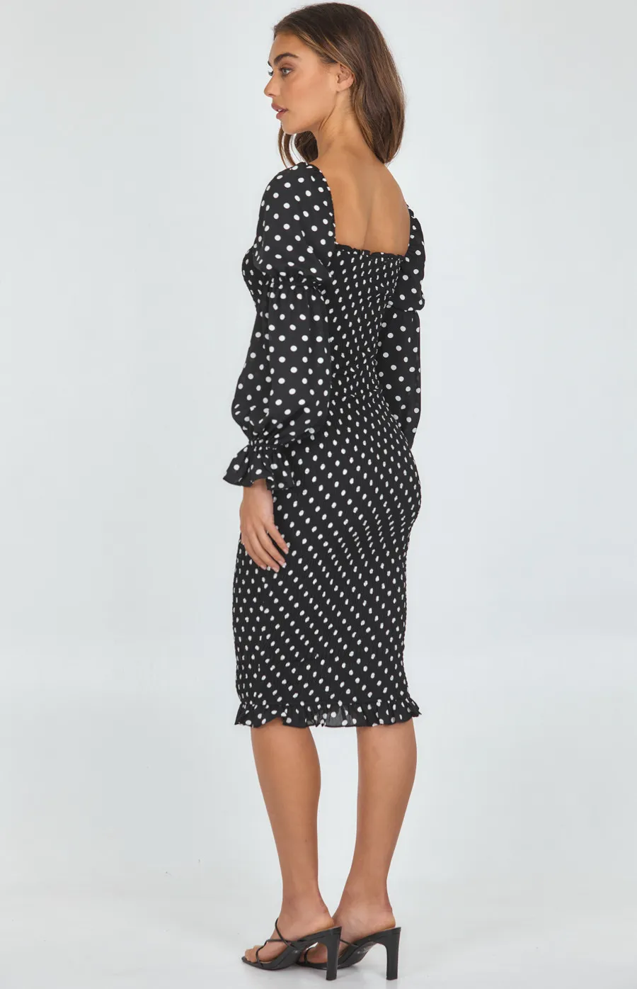 Dot Print Tiered Sleeve Shirred Midi Dress (SDR1068A)