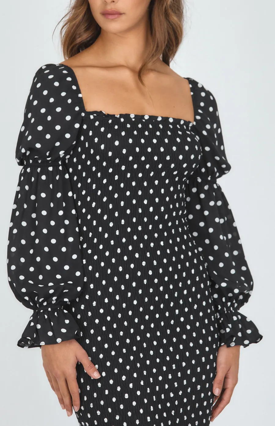 Dot Print Tiered Sleeve Shirred Midi Dress (SDR1068A)