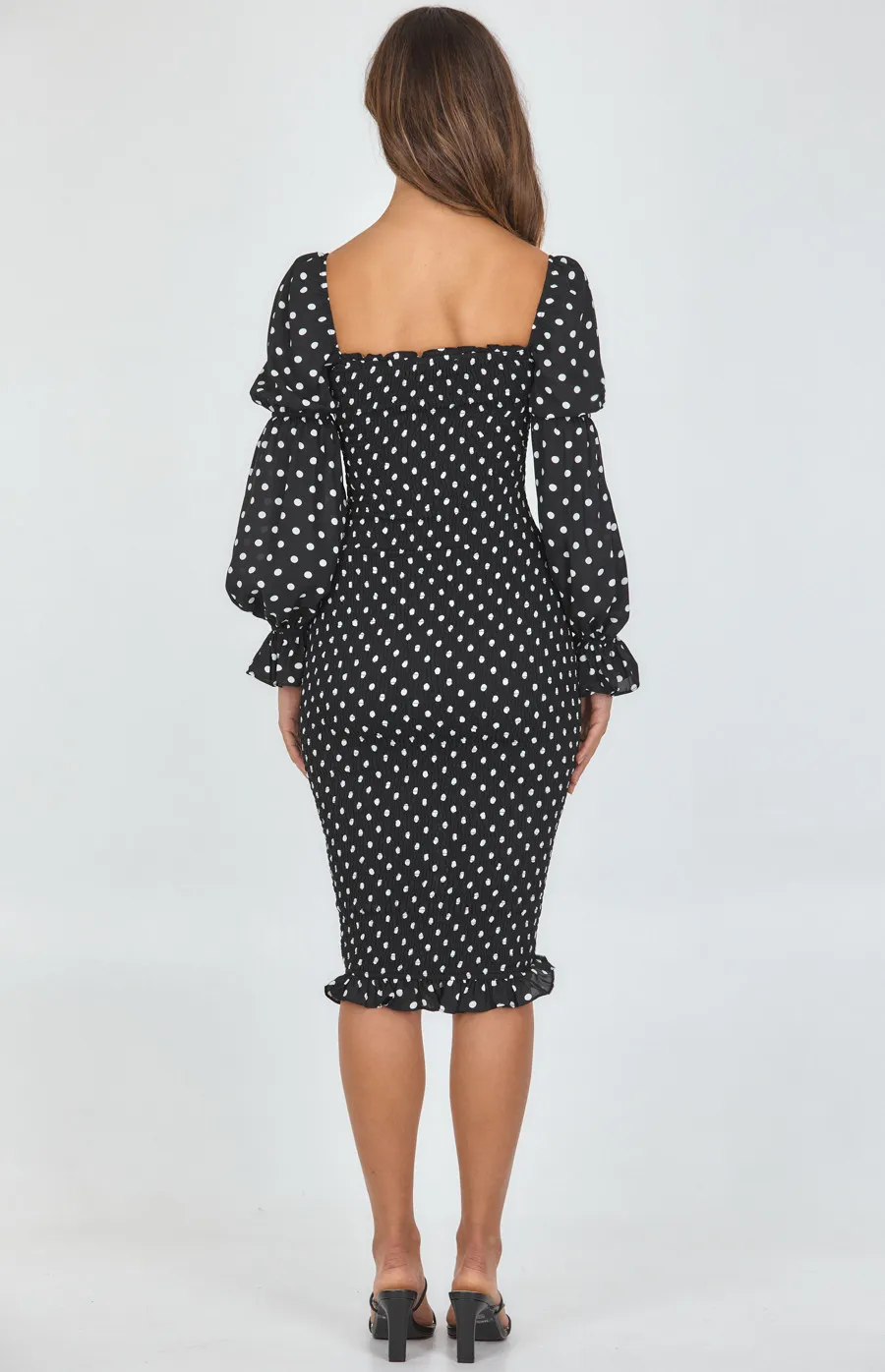 Dot Print Tiered Sleeve Shirred Midi Dress (SDR1068A)