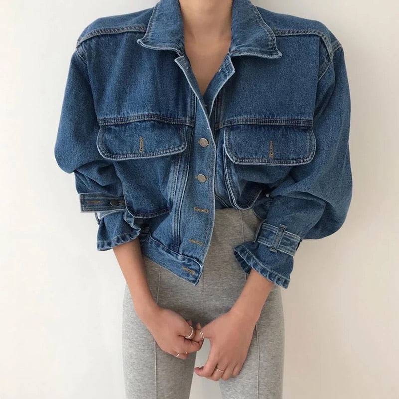 Elastic Waist Denim Jacket With Big Pockets