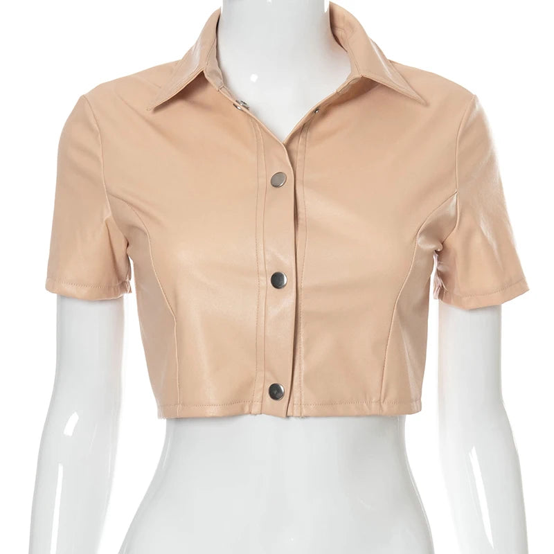 Faux Pu Leather Crop Top Buttons Short Sleeves Bodycon Shirt