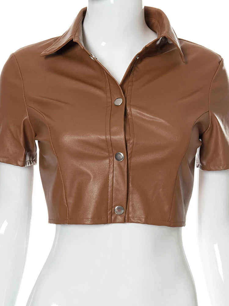 Faux Pu Leather Crop Top Buttons Short Sleeves Bodycon Shirt