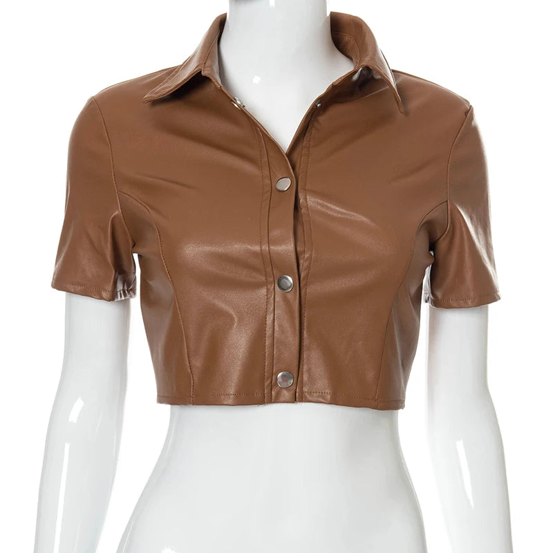 Faux Pu Leather Crop Top Buttons Short Sleeves Bodycon Shirt