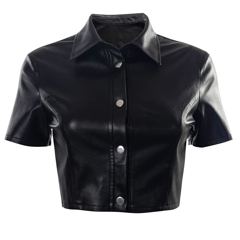 Faux Pu Leather Crop Top Buttons Short Sleeves Bodycon Shirt