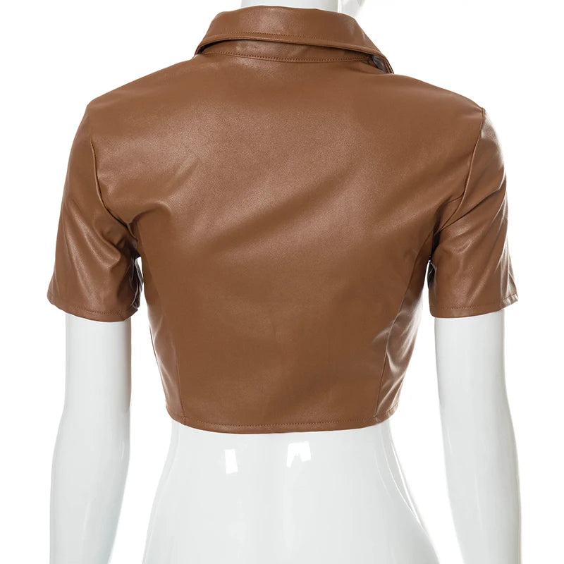 Faux Pu Leather Crop Top Buttons Short Sleeves Bodycon Shirt