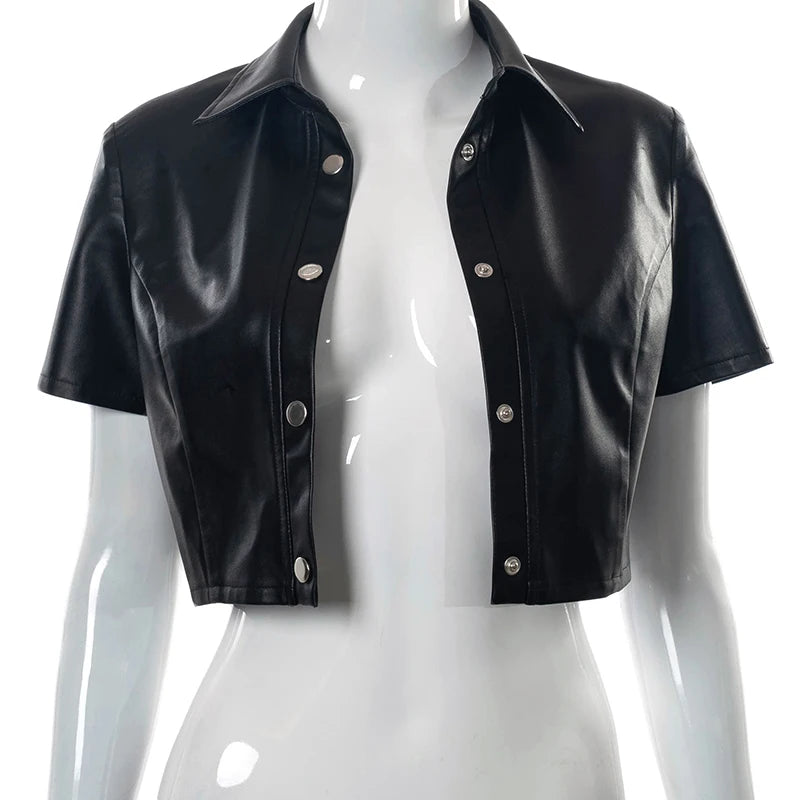 Faux Pu Leather Crop Top Buttons Short Sleeves Bodycon Shirt