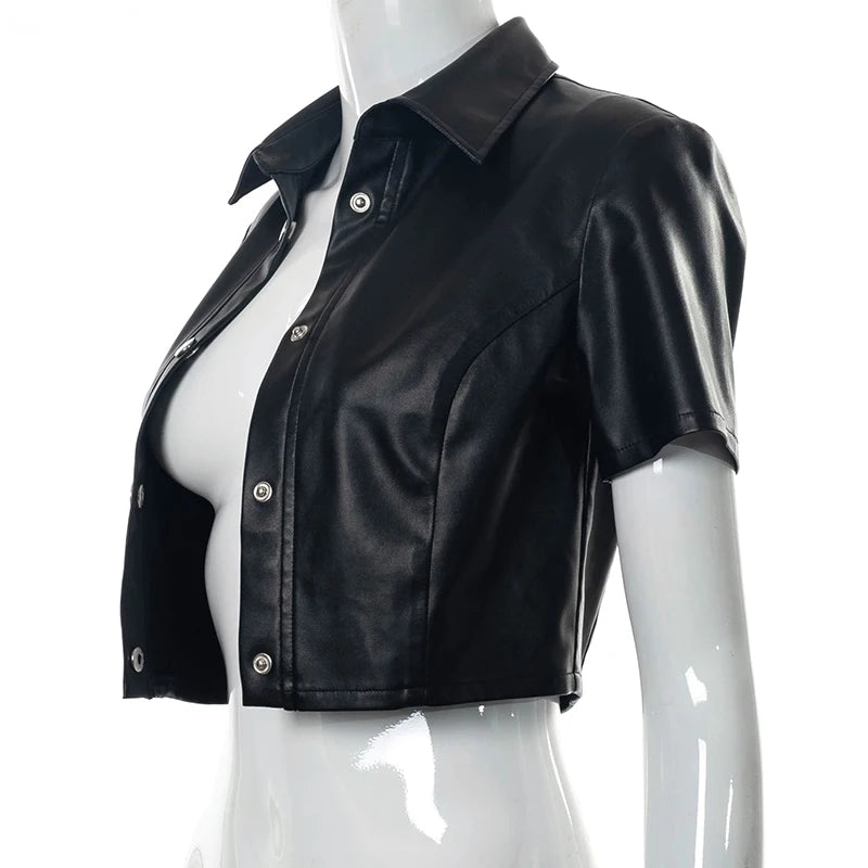 Faux Pu Leather Crop Top Buttons Short Sleeves Bodycon Shirt