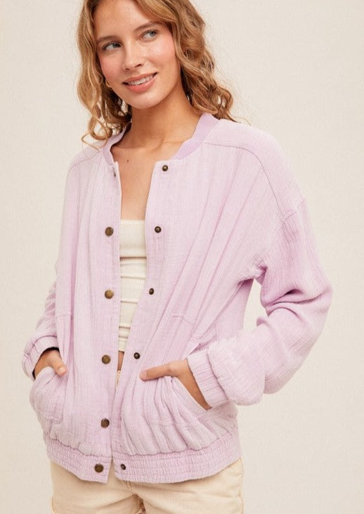 FINAL SALE - Light Orchid Gauze Bomber Jacket