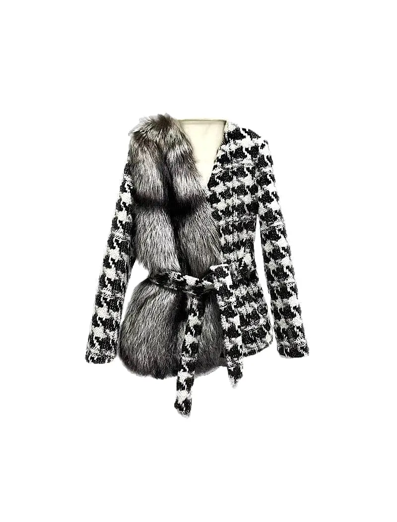 Houndstooth One Sided Fox Fur Trim Belted Wool Jacket