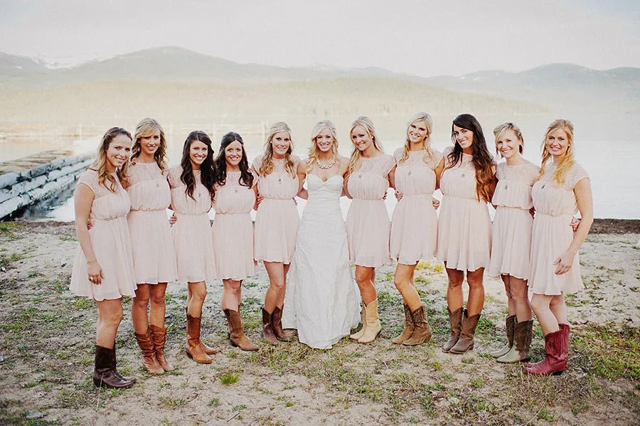 Jewel Neck Blush Pink Short Rustic Country Bridesmaid Dresses with Cowboy Boots