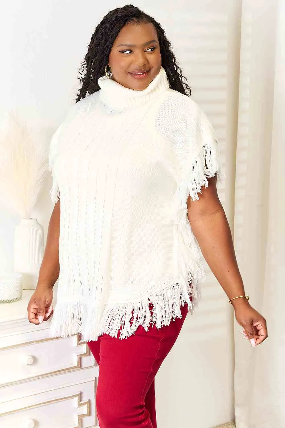 Justin Taylor Turtle Neck Fringe Poncho