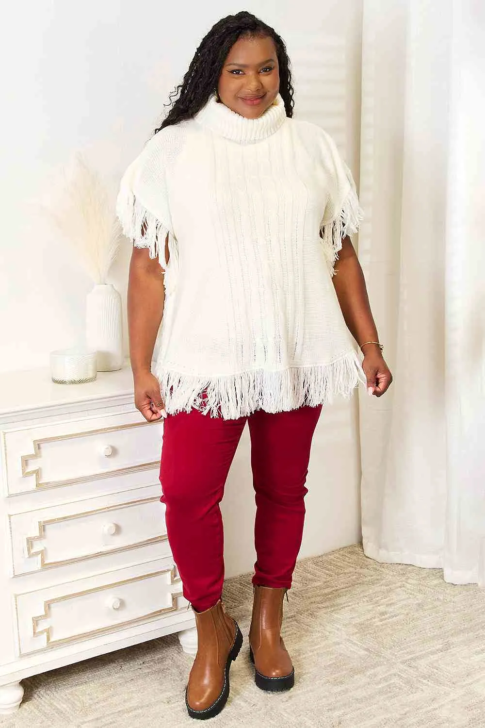 Justin Taylor Turtle Neck Fringe Poncho