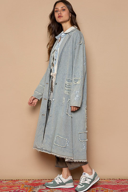 Long Sleeve Embroidery Stripe Denim Jacket