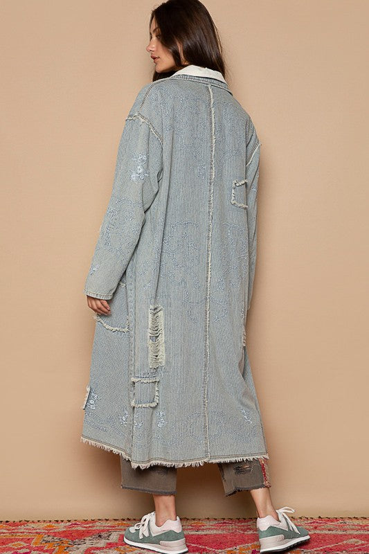 Long Sleeve Embroidery Stripe Denim Jacket