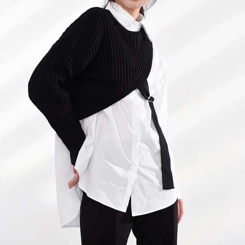 Manami Knitted Long Sleeve Irregular Shirt - Black