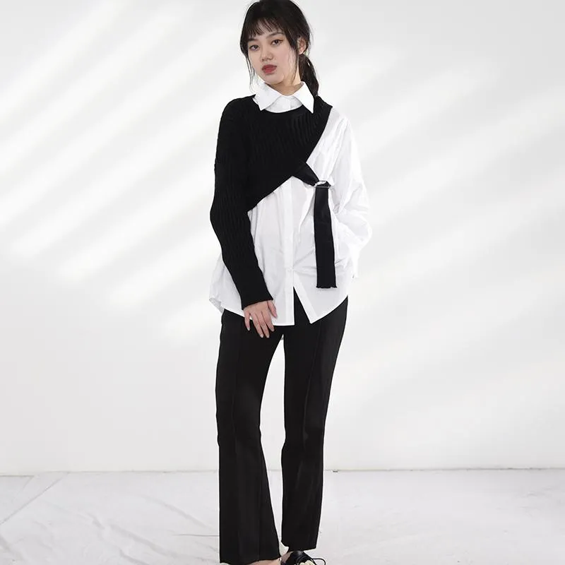 Manami Knitted Long Sleeve Irregular Shirt - Black