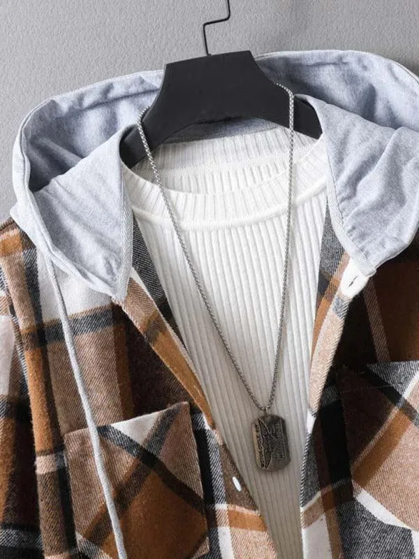 Men Hooded Winter Plaid Flannel Shirt