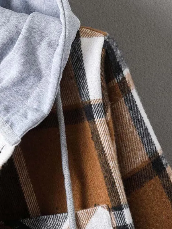 Men Hooded Winter Plaid Flannel Shirt