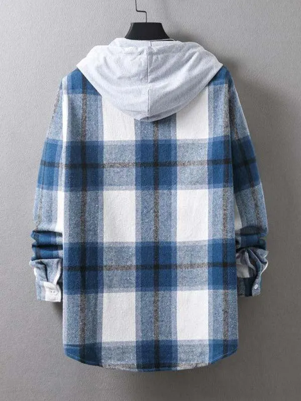 Men Hooded Winter Plaid Flannel Shirt