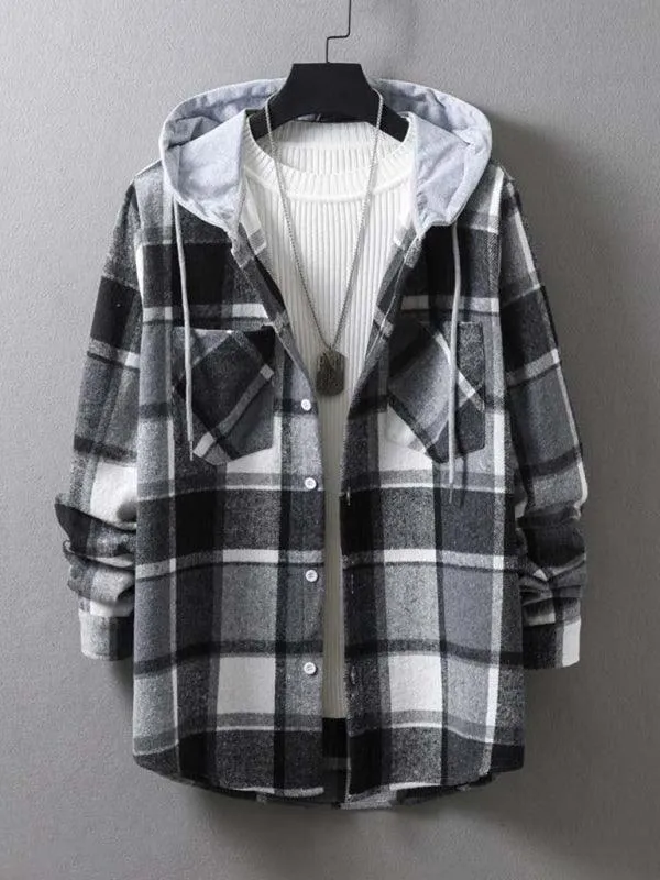 Men Hooded Winter Plaid Flannel Shirt