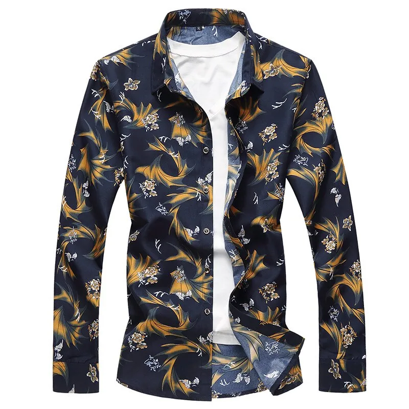 Men's Casual Flower Printed Turn-Down Collar Slim Long Sleeve Shirt