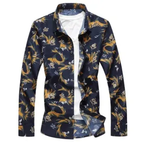 Men's Casual Flower Printed Turn-Down Collar Slim Long Sleeve Shirt