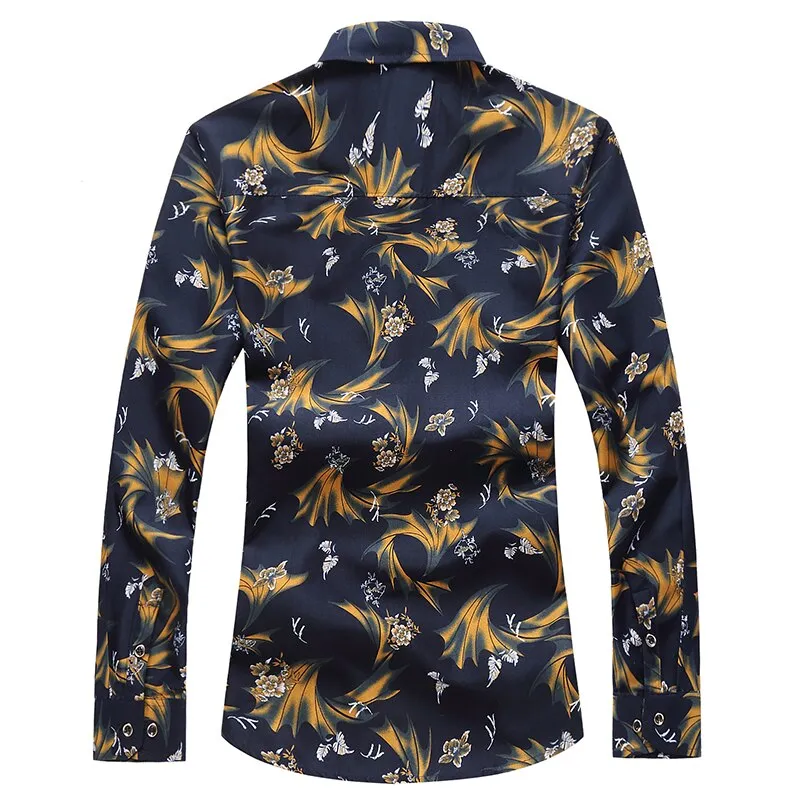 Men's Casual Flower Printed Turn-Down Collar Slim Long Sleeve Shirt