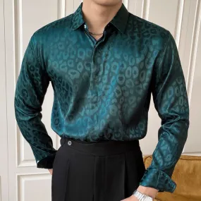 Men's Casual Glossy Print Pattern Turn-down Collar Long Sleeve Shirt