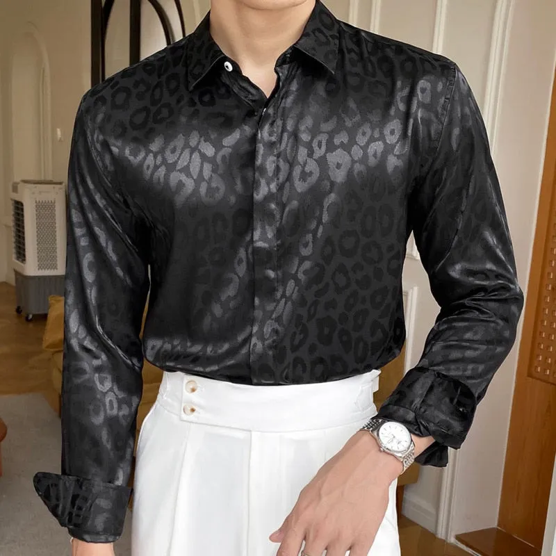 Men's Casual Glossy Print Pattern Turn-down Collar Long Sleeve Shirt