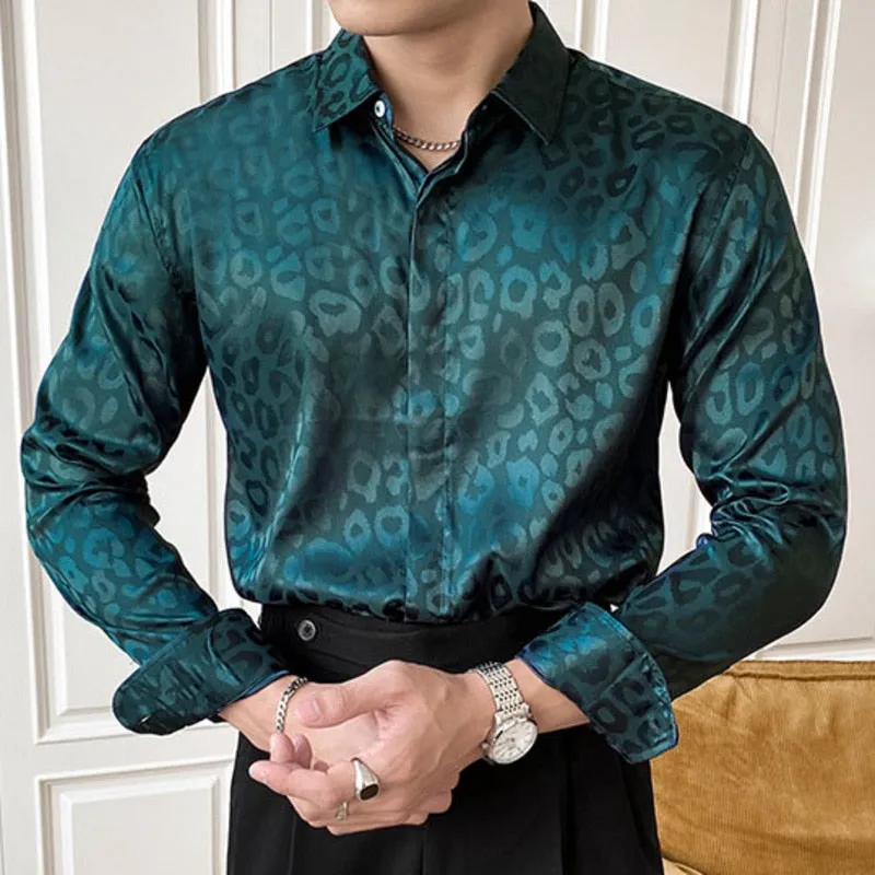 Men's Casual Glossy Print Pattern Turn-down Collar Long Sleeve Shirt