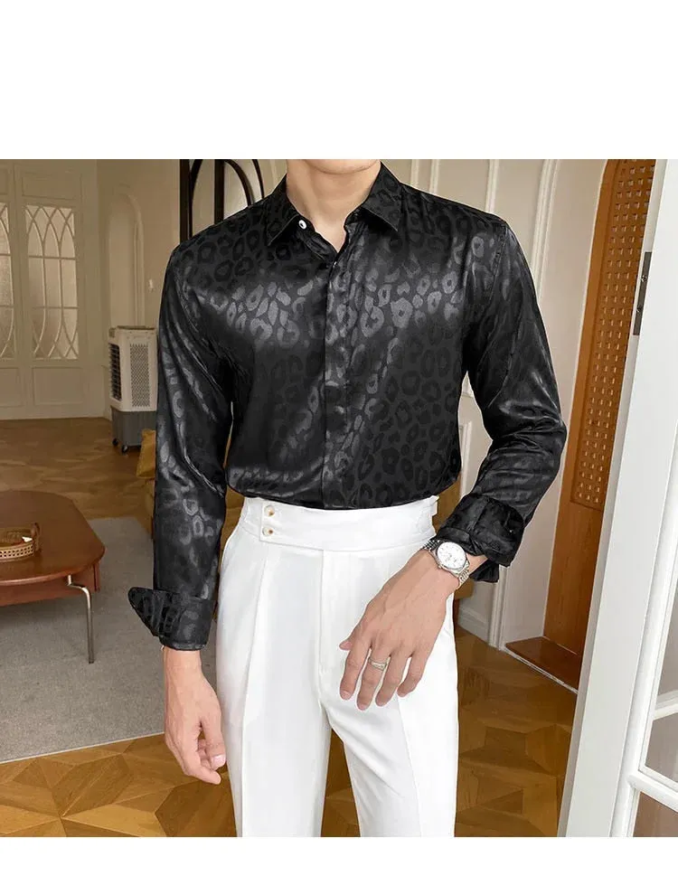 Men's Casual Glossy Print Pattern Turn-down Collar Long Sleeve Shirt