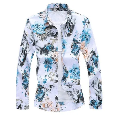 Men's Flower Printed Turn-Down Collar Casual Long Sleeve Slim Shirt